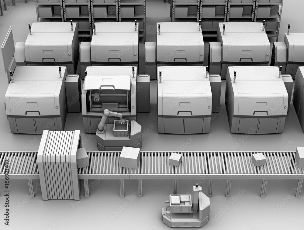 Aufkleber clay model rendering of agv (automatic guided vehicle) picking parts from metal 3d printer. smart fa