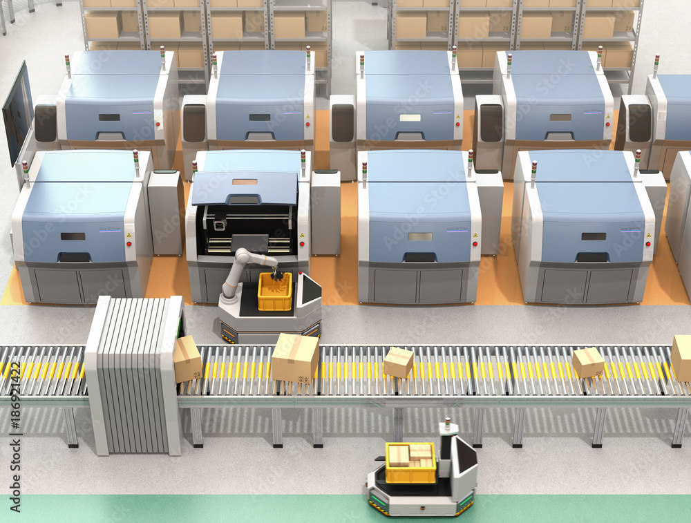 Poster agv (automatic guided vehicle) picking parts from metal 3d printer. smart factory concept 3d renderi