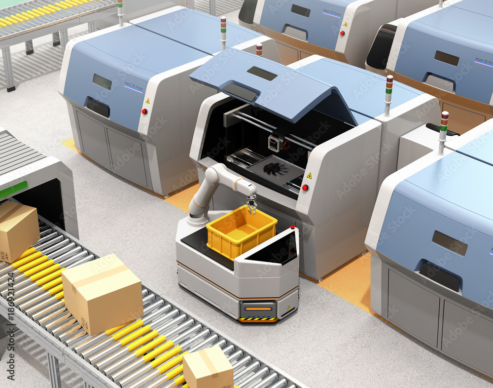 Poster agv (automatic guided vehicle) picking parts from metal 3d printer. smart factory concept 3d renderi