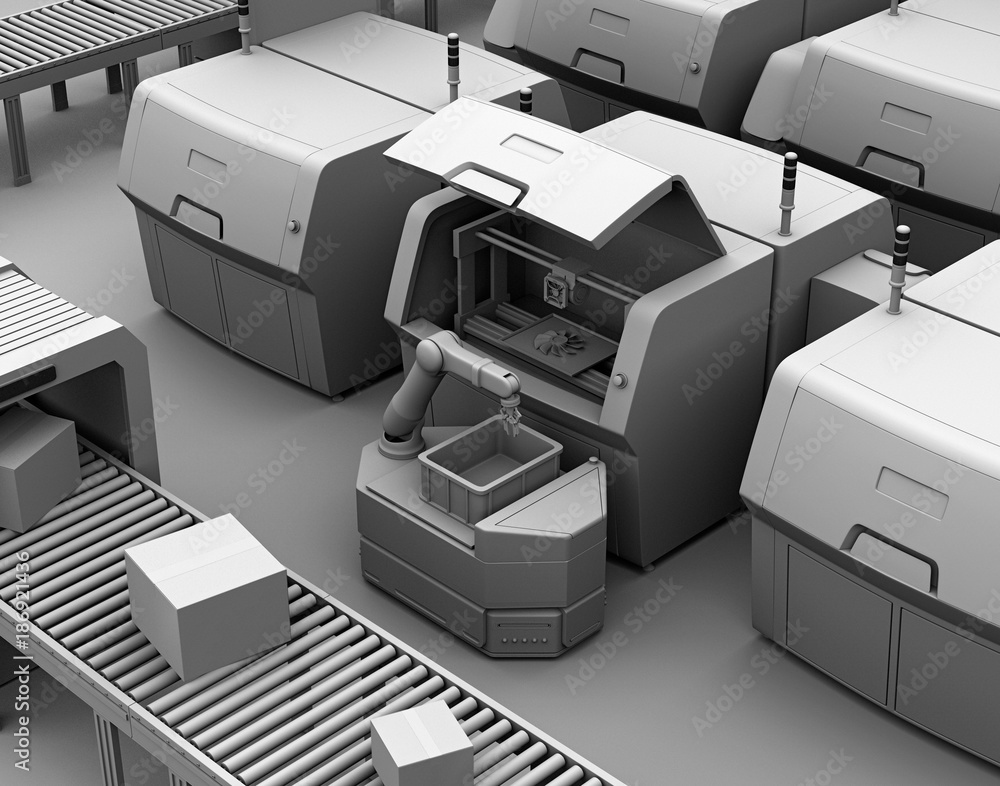 Aufkleber clay model rendering of agv (automatic guided vehicle) picking parts from metal 3d printer. smart fa