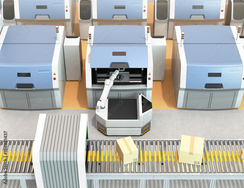 Poster agv (automatic guided vehicle) picking parts from metal 3d printer. smart factory concept 3d renderi