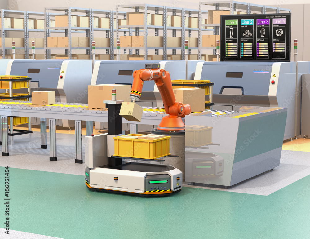 Poster robotic arm picking parcel from conveyor to to agv (automatic guided vehicle). monitor of the manufa