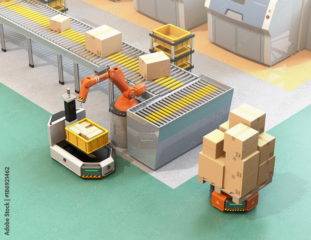 Aufkleber robotic arm picking parcel from conveyor to to agv (automatic guided vehicle). 3d rendering image.