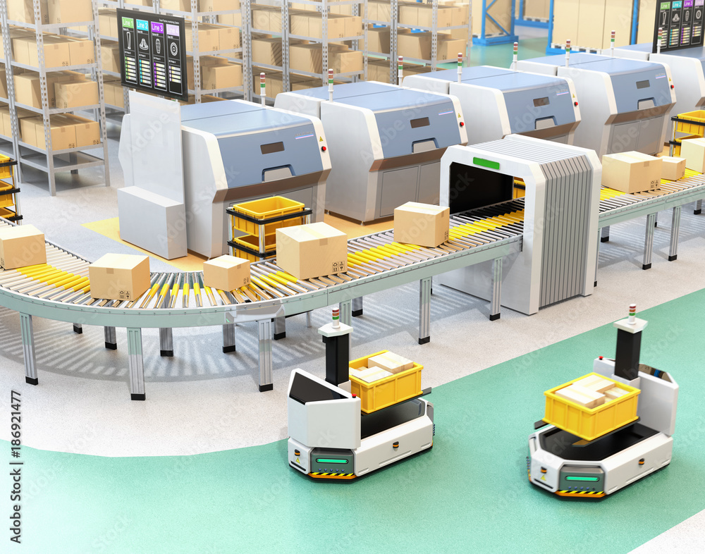 Poster self driving agv (automatic guided vehicle) with forklift carrying container box near to conveyor. 3