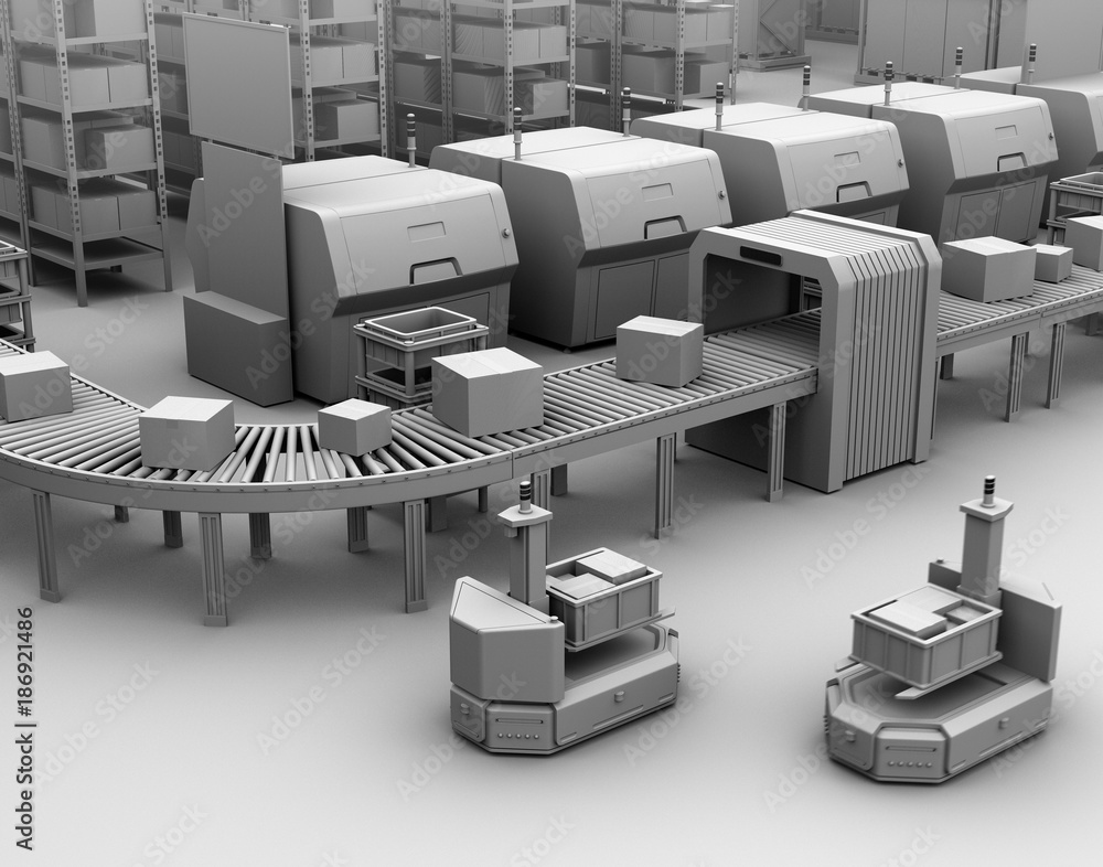 Aufkleber clay model rendering of a self driving forklift agv (automatic guided vehicle) near conveyor. 3d ren