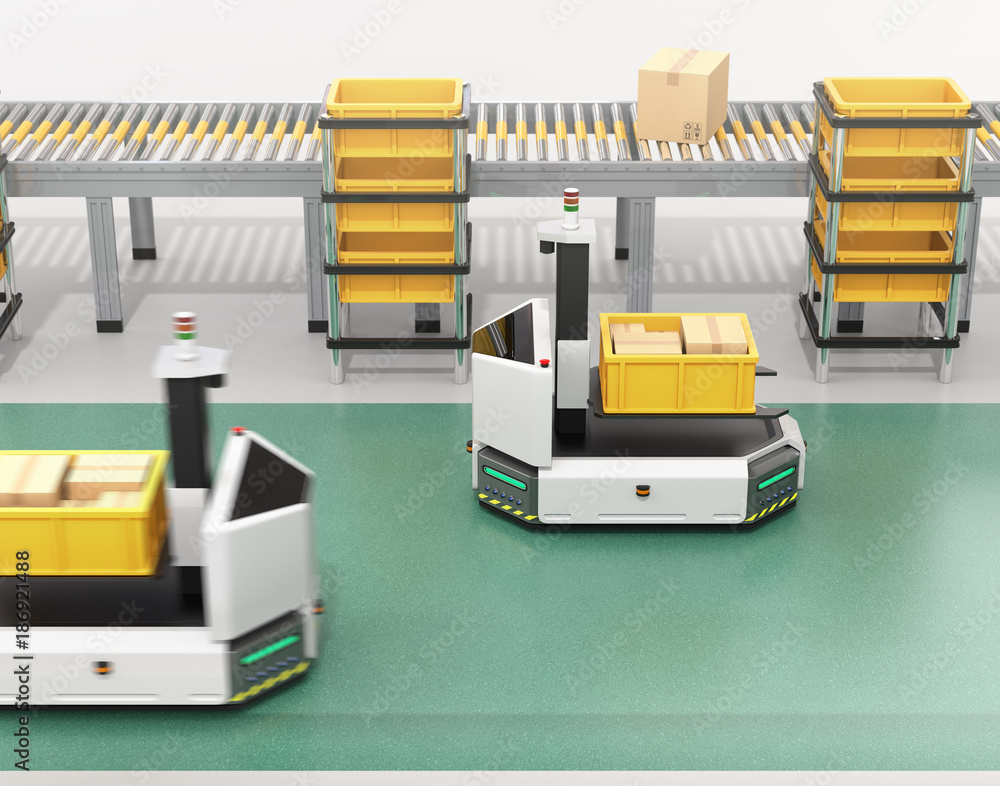 Poster self driving agv (automatic guided vehicle) with forklift carrying container box near to conveyor. 3