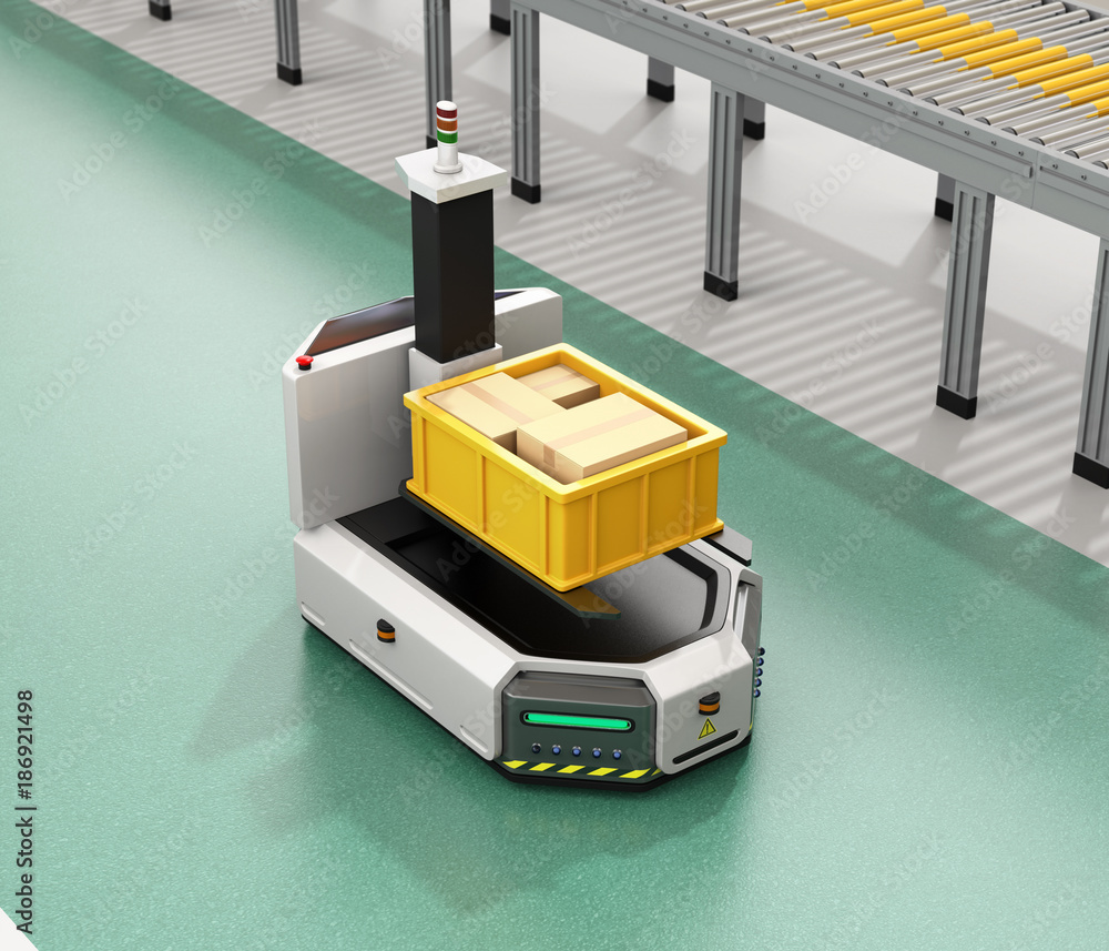 Poster self driving agv (automatic guided vehicle) with forklift carrying container box near to conveyor. 3
