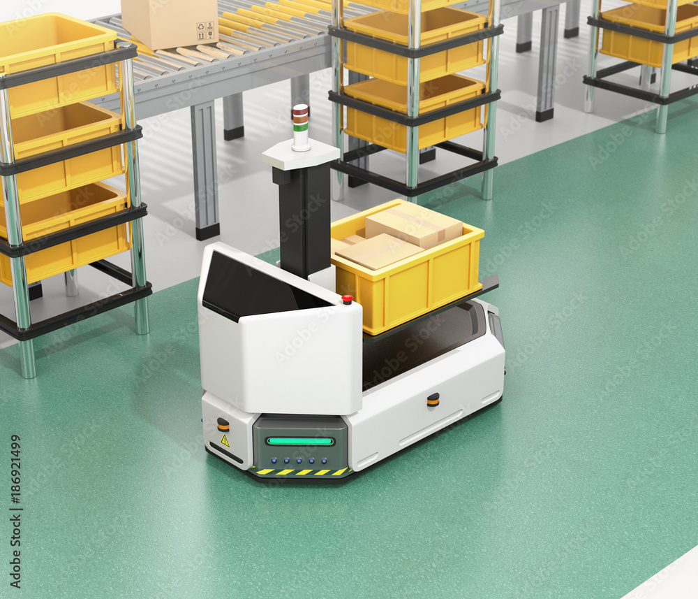 Poster self driving agv (automatic guided vehicle) with forklift carrying container box near to conveyor. 3