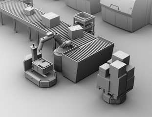 Clay model rendering of robotic arm picking parcel to a self driving forklift AGV (Automatic guided vehicle).  3D rendering image.