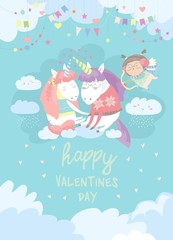 Cute card with fairy unicorns in love
