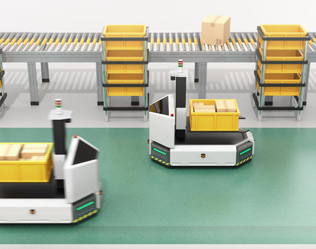 Self driving AGV (Automatic guided vehicle) with forklift carrying container box near to conveyor. 3D rendering image.