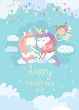 Cute card with fairy unicorns in love © Maria Starus