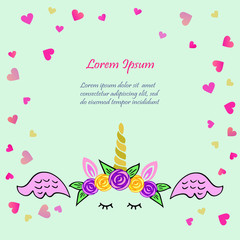 Cute vector illustration with Unicorn tiara and horn, pink wings on blue background with hearts. Template for St. Valentine's Day/invitation/party/Mother day/birthday/baby birth/greetings card.