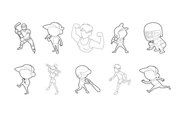 Sport people icon set, outline style