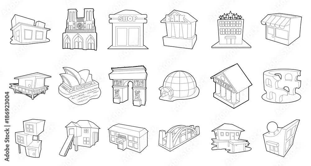 Poster building icon set, outline style