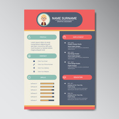 Unique Flat Color Curriculum Vitae Design Template With Photo or Avatar Placeholder