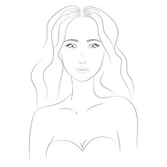 Portrait of a beautiful girl with long hair. Girl with big eyes. Plump lips. Young woman. Portrait of a woman close-up. Wavy hair, curly hair. Sketch of the face of a beautiful woman. EPS 10