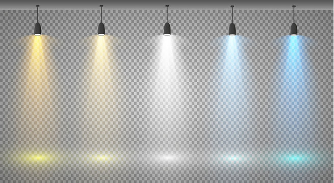 Set of colored searchlights on a transparent background. Bright lighting with spotlights. The searchlight is white, blue, yellow.
