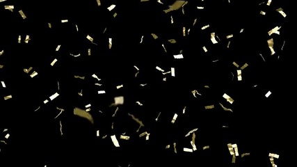 Golden confetti falling down on black background. Looping animation.