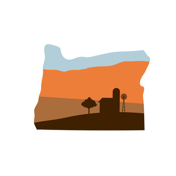 Oregon State Shape with Farm at Sunset w Windmill, Barn, and a Tree