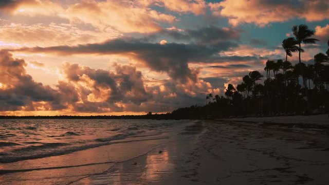 Beautiful sunrise video on tropical island beach Bavaro. Punta Cana resort, Dominican Republic.