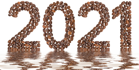 Numeral 2021 from coffee beans, reflection in water, isolated on white background