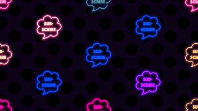 Colorful neon light effect like, share and subscribe signs motion graphics. Perfect outro and ending background for YouTube channel videos. (Looped)
