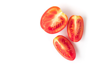 Fresh cherry tomatoes with slices on white background, top view, raw food and vegetable for bauty health
