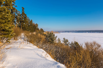 Winter landscape on the river. Berdsk, Siberia, Russia