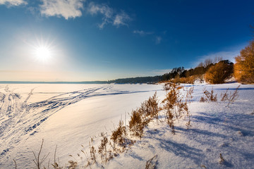 Fototapeta na wymiar Winter landscape on the river. Berdsk, Siberia, Russia