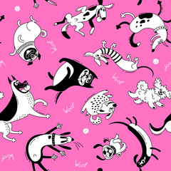 Playing dogs seamless pattern. Funny lap-dog, happy pug, mongrels and other breeds. Vector background for design