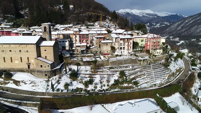 Aerial View of Cadegliano Viconago in winter, is a small village located above Ponte Tresa in the province of Varese, Italy