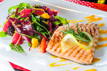 Grilled salmon and vegetables.