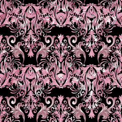 Pink damask vector seamless pattern. Vector floral black background wallpaper with vintage flowers, scroll leaves, swirls, curves, antique baroque ornaments. Textured ornate design for fabric, prints
