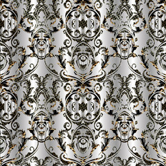 Baroque damask vector seamless pattern. Floral silver background wallpaper with vintage lattice flowers, scroll leaves, swirls, curves, antique baroque ornaments. Textured ornate design for fabric