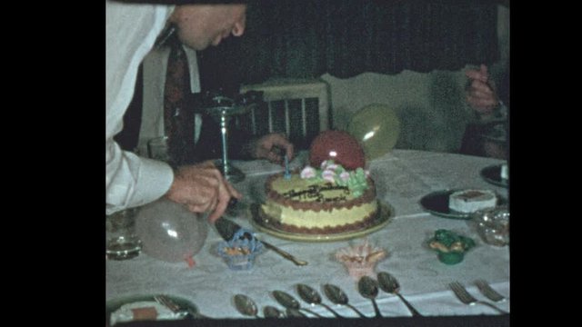 1953 50's Dad Slices Birthday Cake For Family