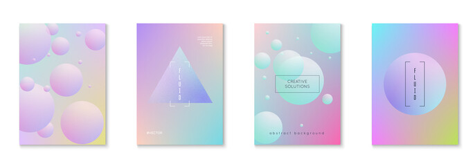 Holographic cover set with radial fluid. Geometric shapes on gradient background. Modern hipster template for placard, presentation, banner, flyer, brochure. Minimal holographic cover in neon colors.