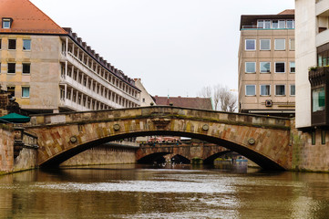 bridge over river Pegnitz in old Bavarian city Nurnberg, middle Franconia, Nuremberg, Germany