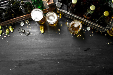 Beer background. Fresh beer and ingredients.