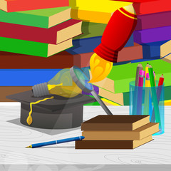 Pen, pencil, graduation cap, light bulb and books, rocket flying upward, stack of books on the background, education concept. Vector cartoon style illustration.