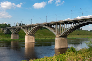 Naklejka na ściany i meble The view at the bridge across the Volga river in the town of Staritsa, Russia