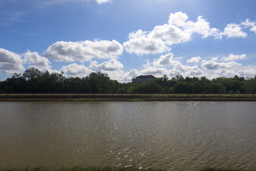 The water surface in sunny days with the beautiful sky and clouds.