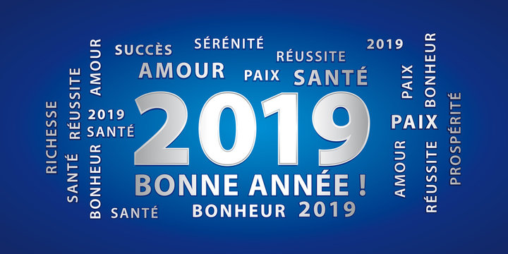 Bonne année 2019 ! Bannière de vœux bleu et argent.