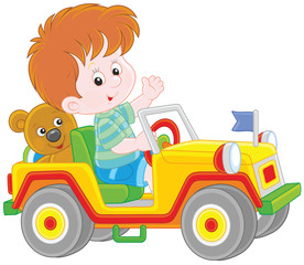 Little boy playing in a toy off road car, a vector illustration in cartoon style