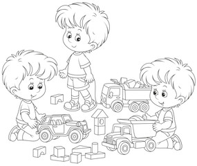 Obraz na płótnie Canvas Little boys playing with toy cars and bricks, a black and white vector illustration for a coloring book