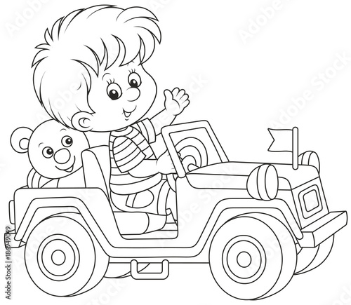 Download "Little boy playing in a toy off road car, a black and ...