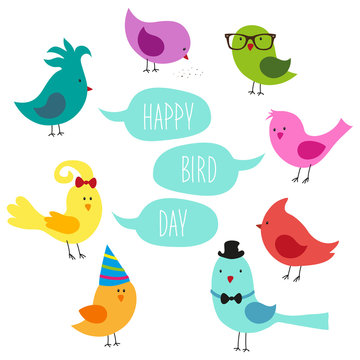 Cute childish Bird Day card with funny cartoon characters of birds