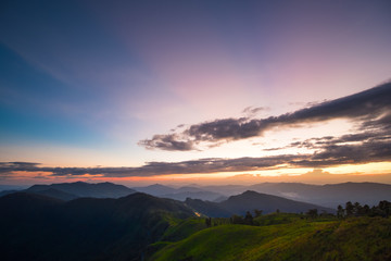 Long explosure shot, Beautiful sunset scene at  Phu chi fah Chiangrai Thailand