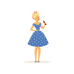 Beautiful young woman in a blue polka dot dress holding glass bottle of soda, girl dressed in retro style vector Illustration