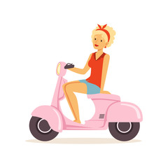 Fototapeta na wymiar Beautiful young woman riding vintage scooter, girl dressed in retro style vector Illustration